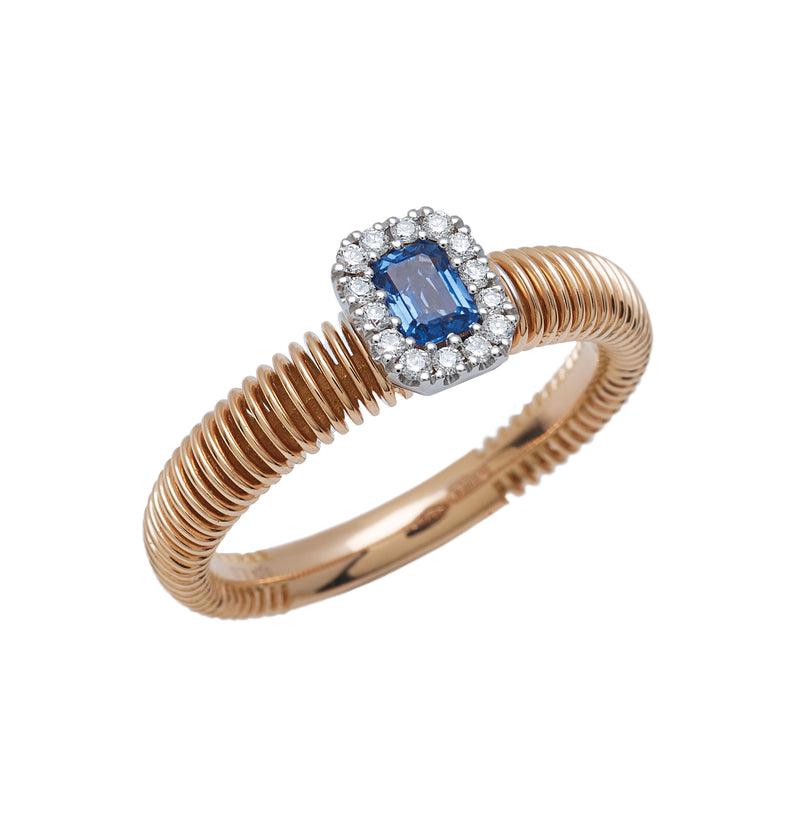anello millerighe in oro rosa 18 kt, zaffiro blu e diamanti