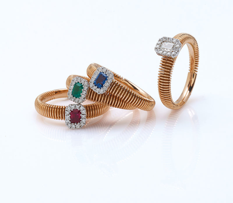 anello millerighe in oro rosa 18 kt, smeraldo e diamanti