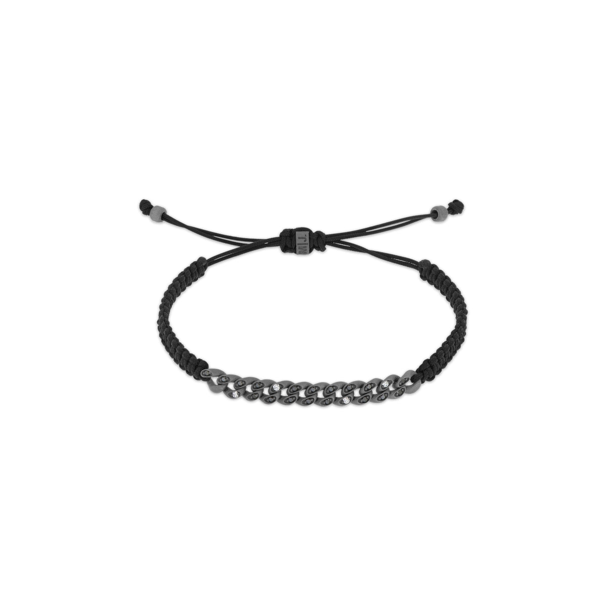 BRACCIALE GROUMETTE NAUTICA MINI IN TITANIO CON DIAMANTI BLACK E WHITE A SPOT E LACCIO NERO INTRECCIATO
