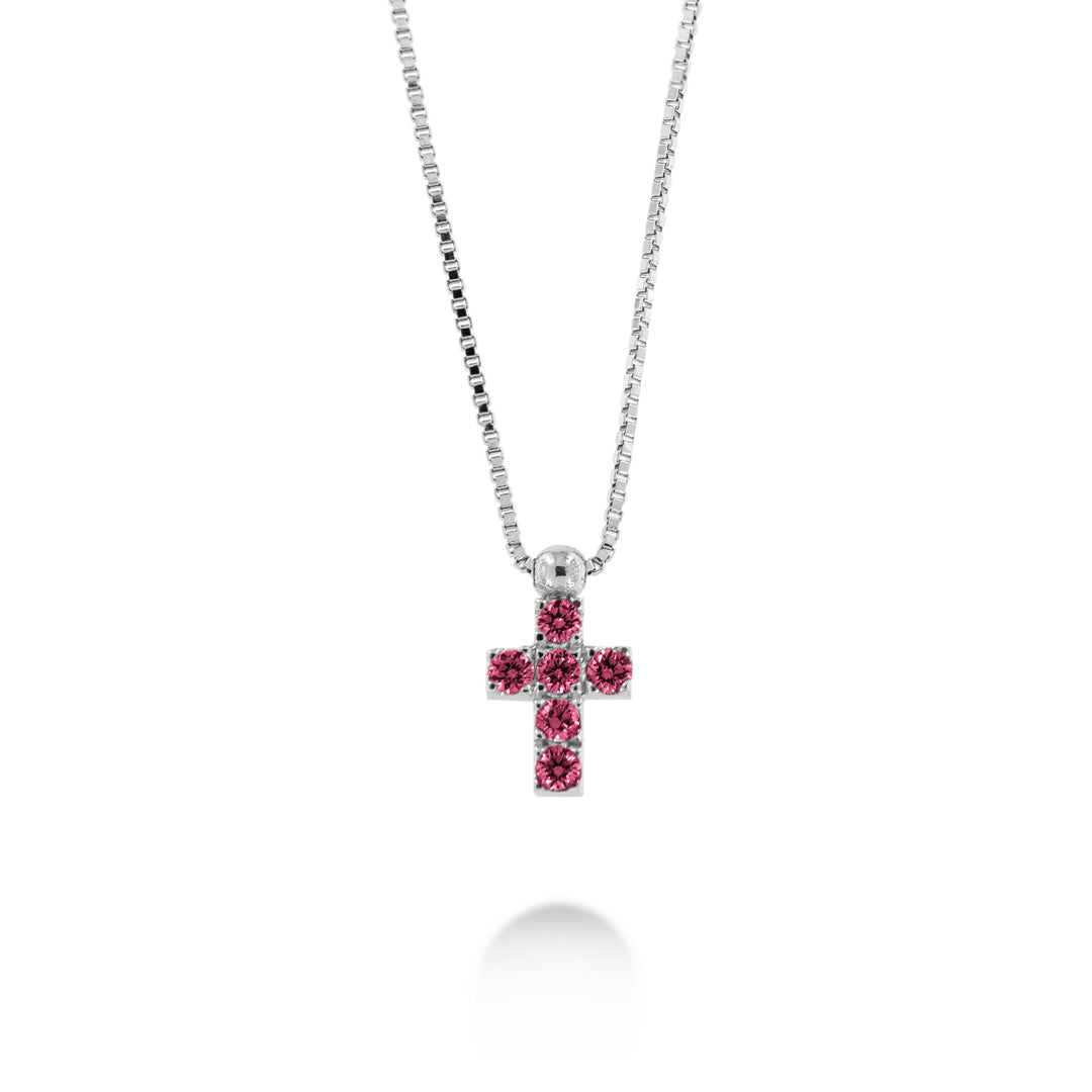 COLLANA CON CROCE IN ORO BIANCO E RUBINI