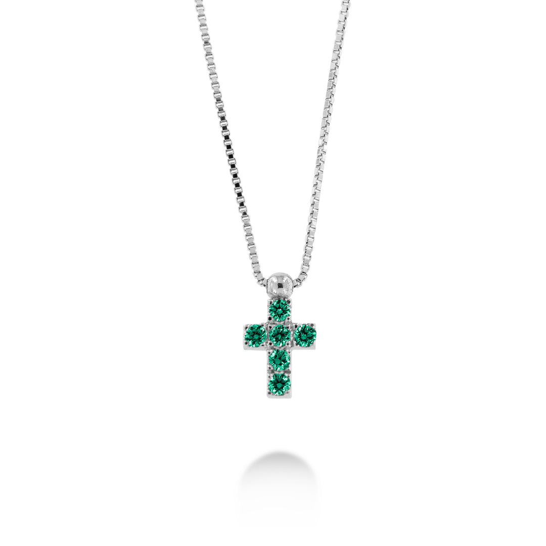 COLLANA CON CROCE IN ORO BIANCO E SMAERALDI