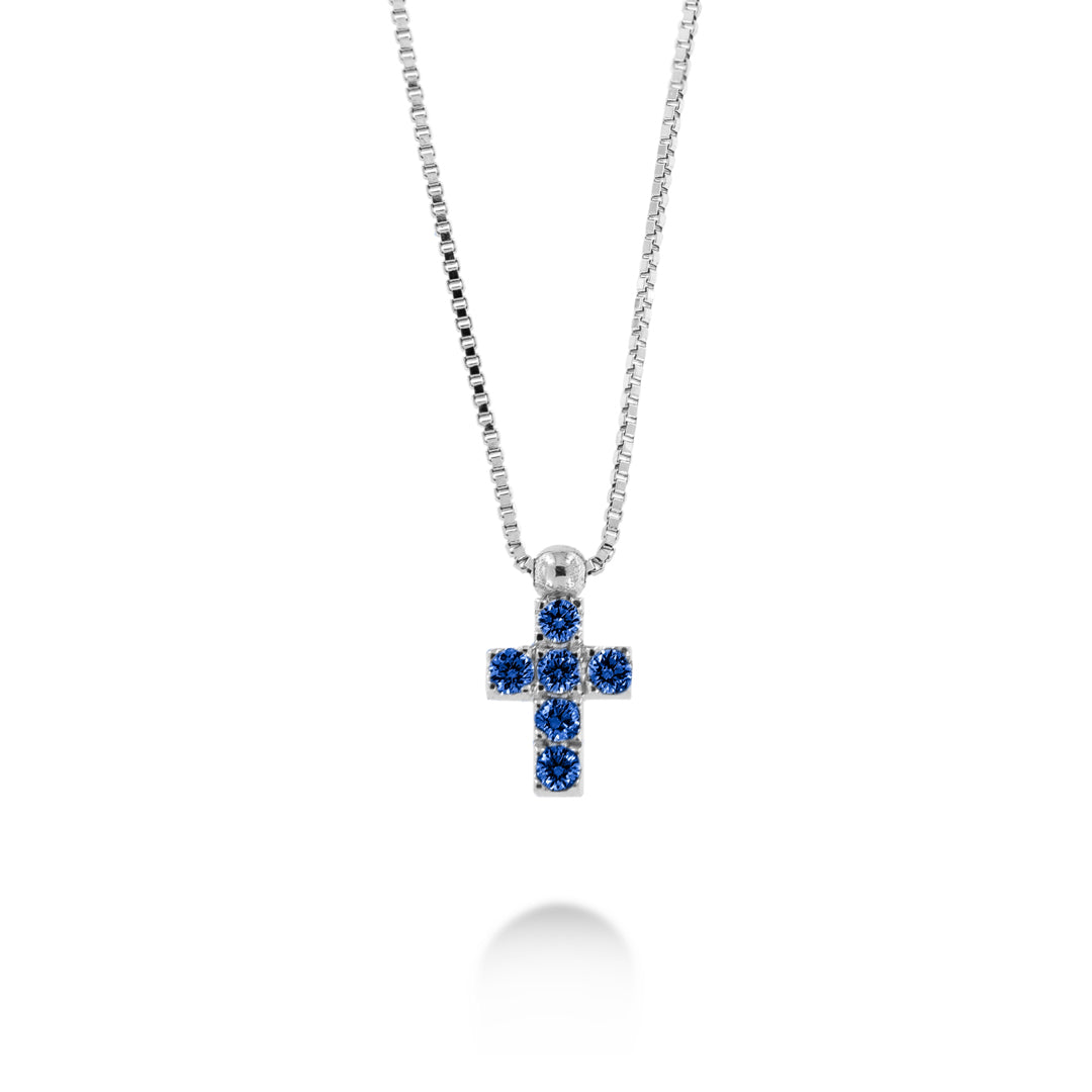 COLLANA CON CROCE IN ORO BIANCO E ZAFFIRI BLU