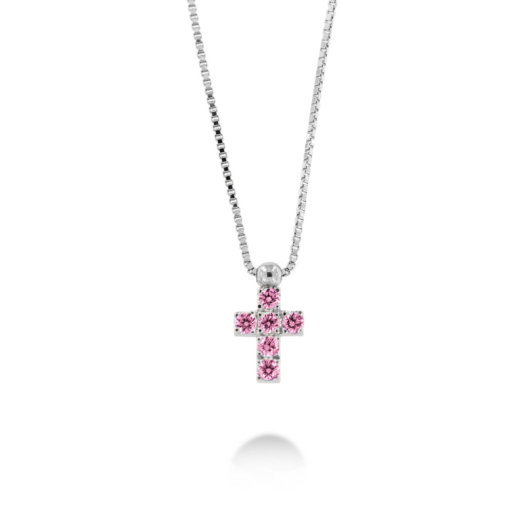 COLLANA CON CROCE IN ORO BIANCO E ZAFFIRI ROSA