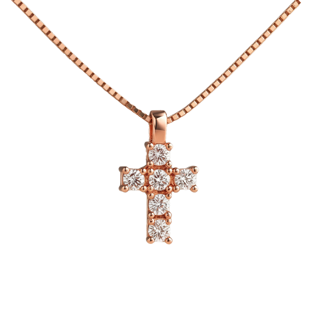 GIROCOLLO CROCE IN ORO ROSA E DIAMANTI