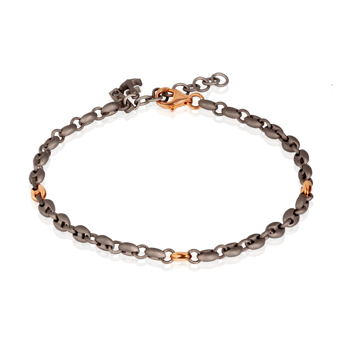 BRACCIALE UOMO CON MAGLIE MARINE PICCOLE IN TITANIO E ORO ROSSO 9 KT, ANCORA IN TITANIO E DIAMANTE BLACK