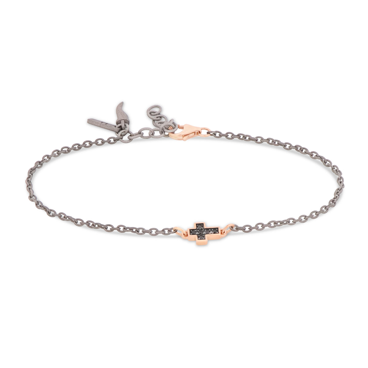 BRACCIALE UOMO IN TITANIO CON UNA CROCE E CHIUSURA IN ORO ROSSO 9 KT E DIAMANTI BLACK