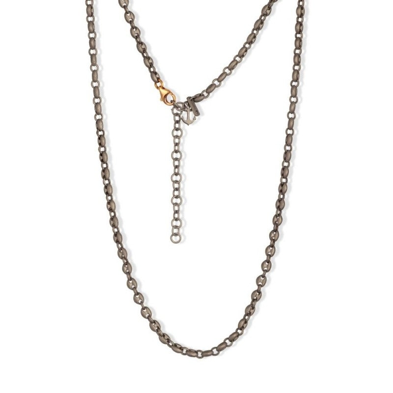 COLLANA UOMO CON MAGLIE MARINE PICCOLE IN TITANIO E CHIUSURA IN ORO ROSSO 9 KT, ANCORA IN TITANIO E DIAMANTE BLACK