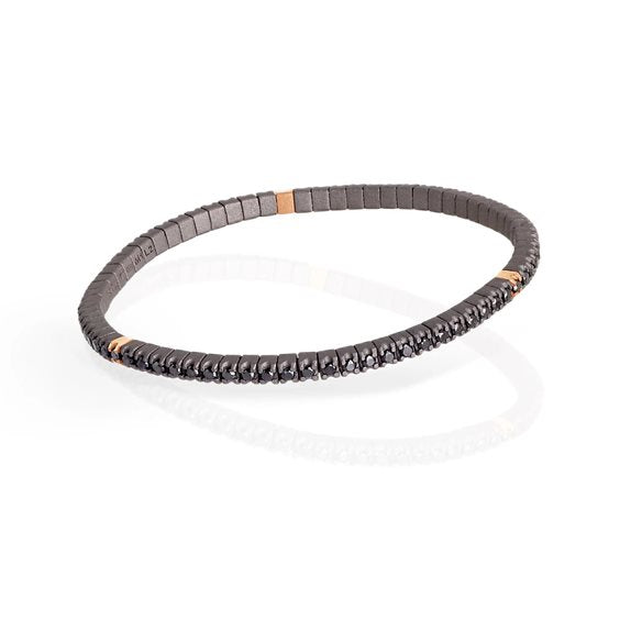 BRACCIALE TENNIS IN TITANIO, ORO ROSSO 18 KT E DIAMANTI BLACK DA 5 PUNTI.